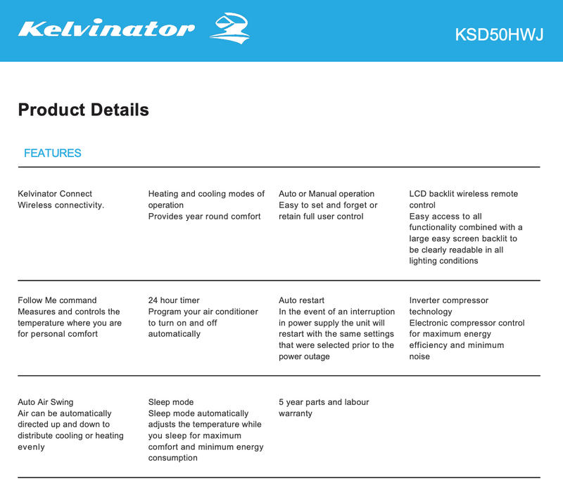 Kelvinator KSD50HWJ 5.0W Split System Reverse Cycle Inverter Air Conditioner