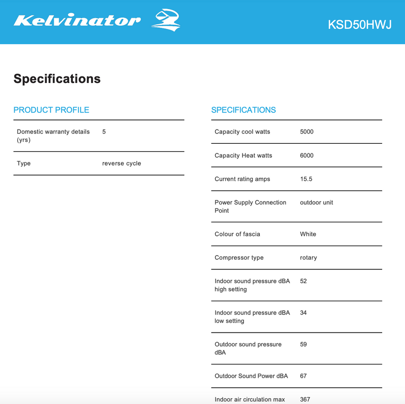 Kelvinator KSD50HWJ 5.0W Split System Reverse Cycle Inverter Air Conditioner