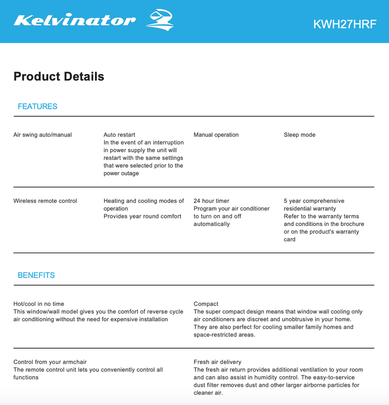 Kelvinator KWH27HRF 2.7kW Window-Wall Reverse Cycle Air Conditioner - Kelvinator New in Box Clearance and Seconds Stock