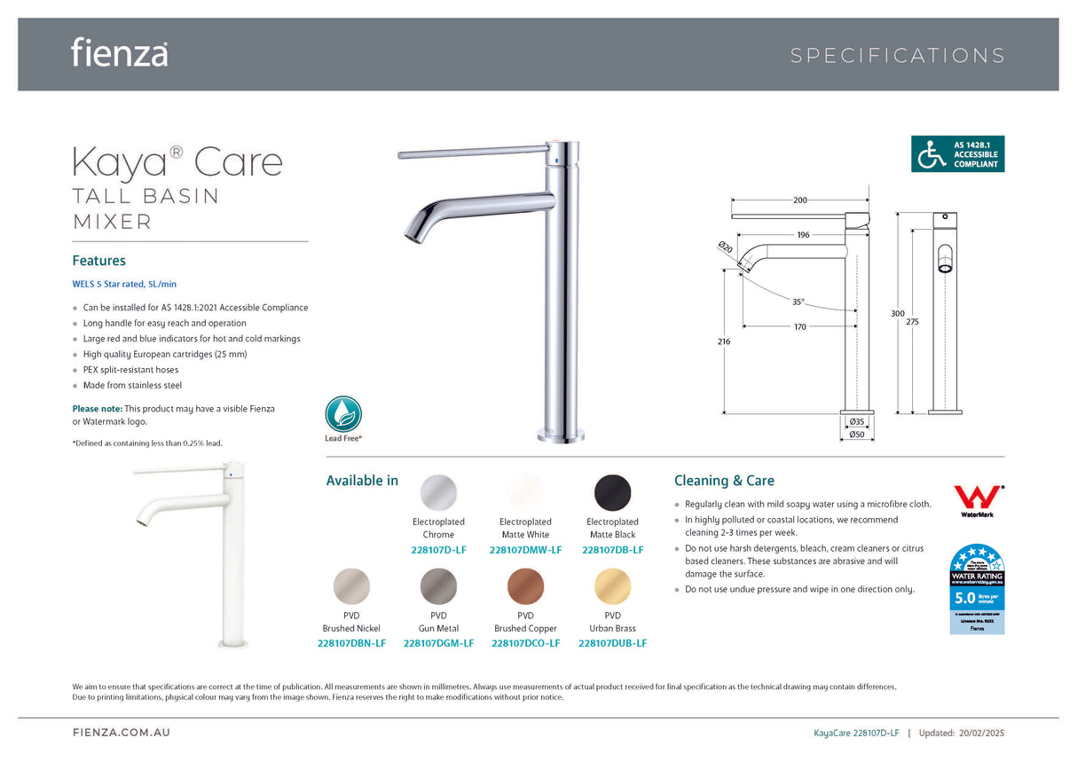 Fienza 228107DMW-LF Kaya Care Tall Basin Mixer, Matte White