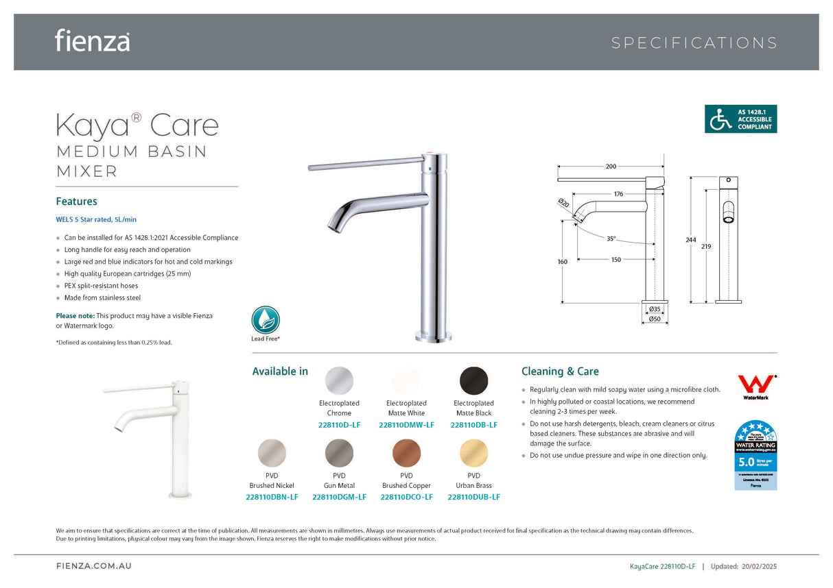 Fienza 228110MW-LF Kaya Care Medium Basin Mixer, Matte White