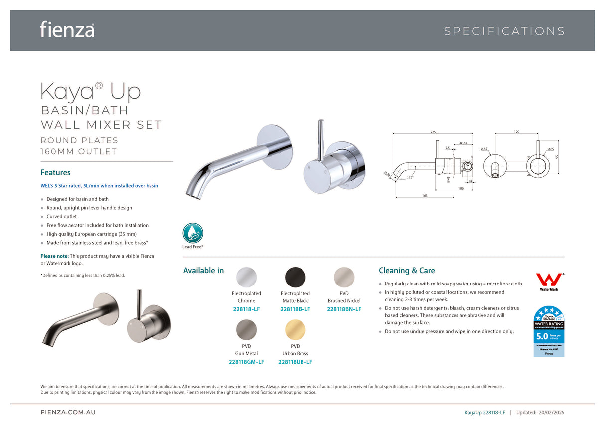 Fienza 228118-LF Kaya Up Basin/Bath Wall Mixer Set, Round Plates, 160mm Outlet, Lead Free, Chrome