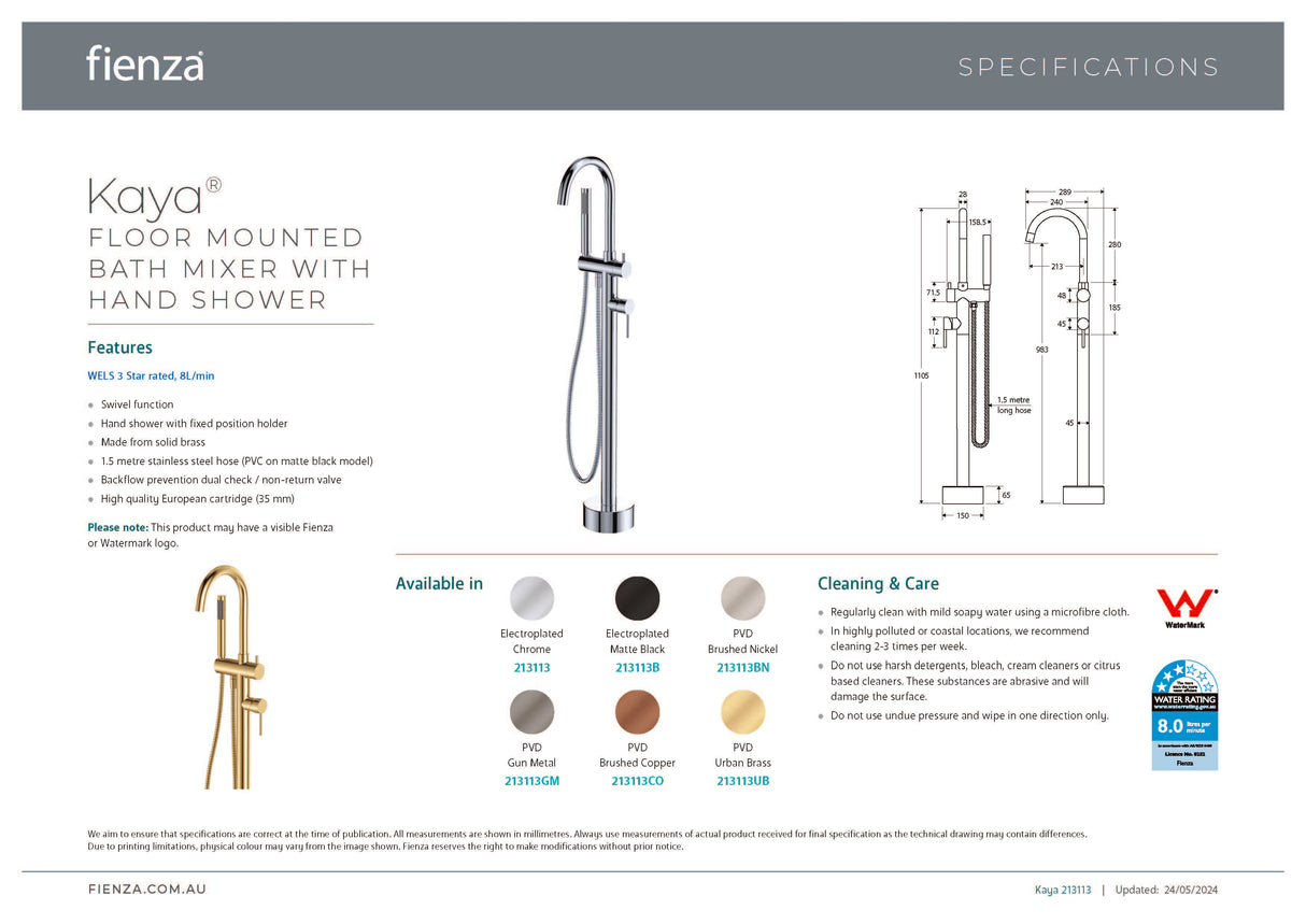 Fienza 213113CO Kaya Floor Mounted Bath Mixer With Hand Shower, Brushed Copper