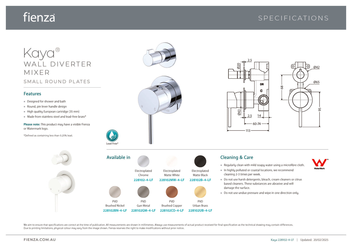 Fienza 228102-4-LF Kaya Wall Diverter Mixer, Small Round Plates, Chrome