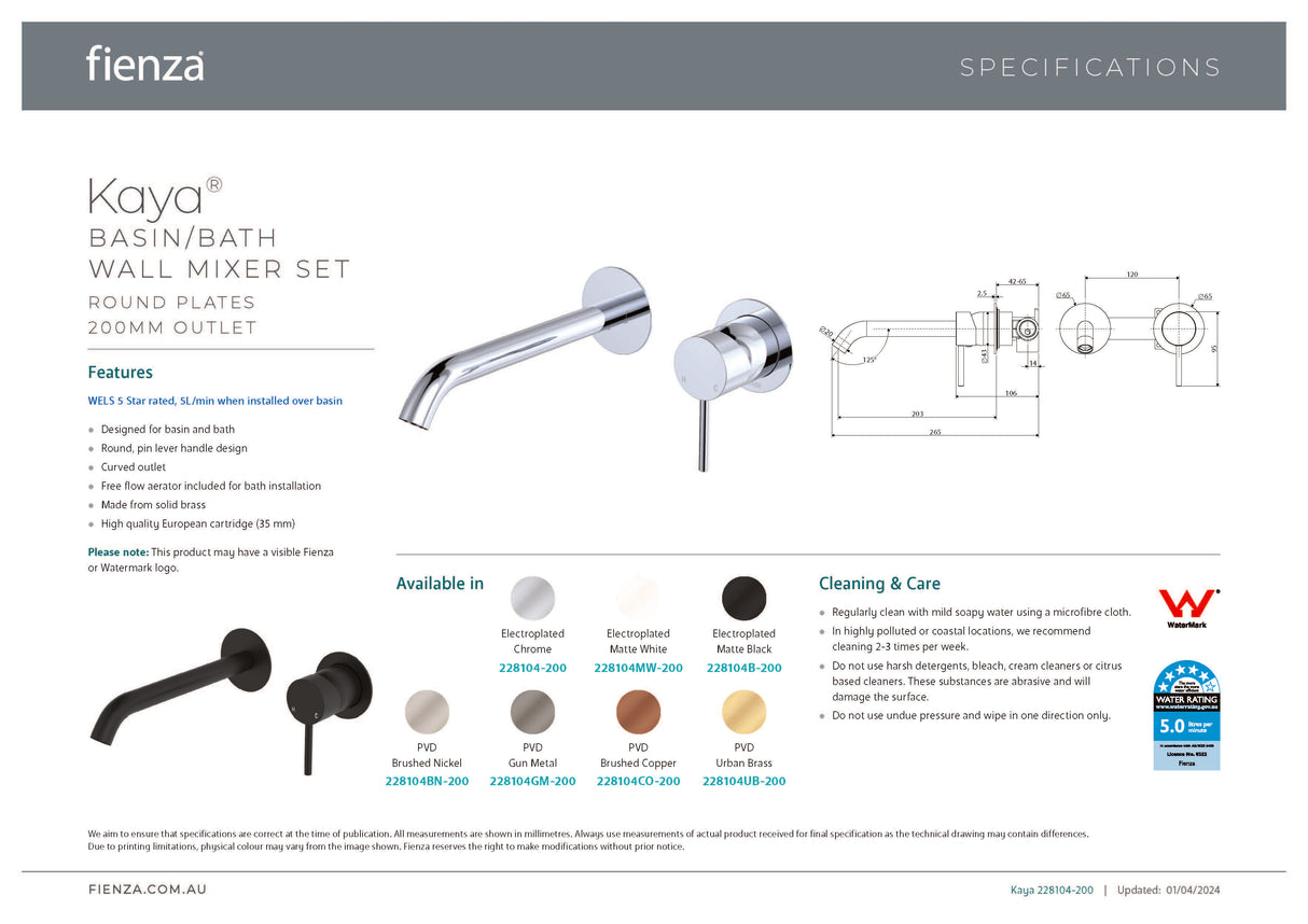 Fienza 228104UB-200-LF Kaya Wall Basin/Bath Mixer Set, Urban Brass, Round Plates, 200mm Outlet