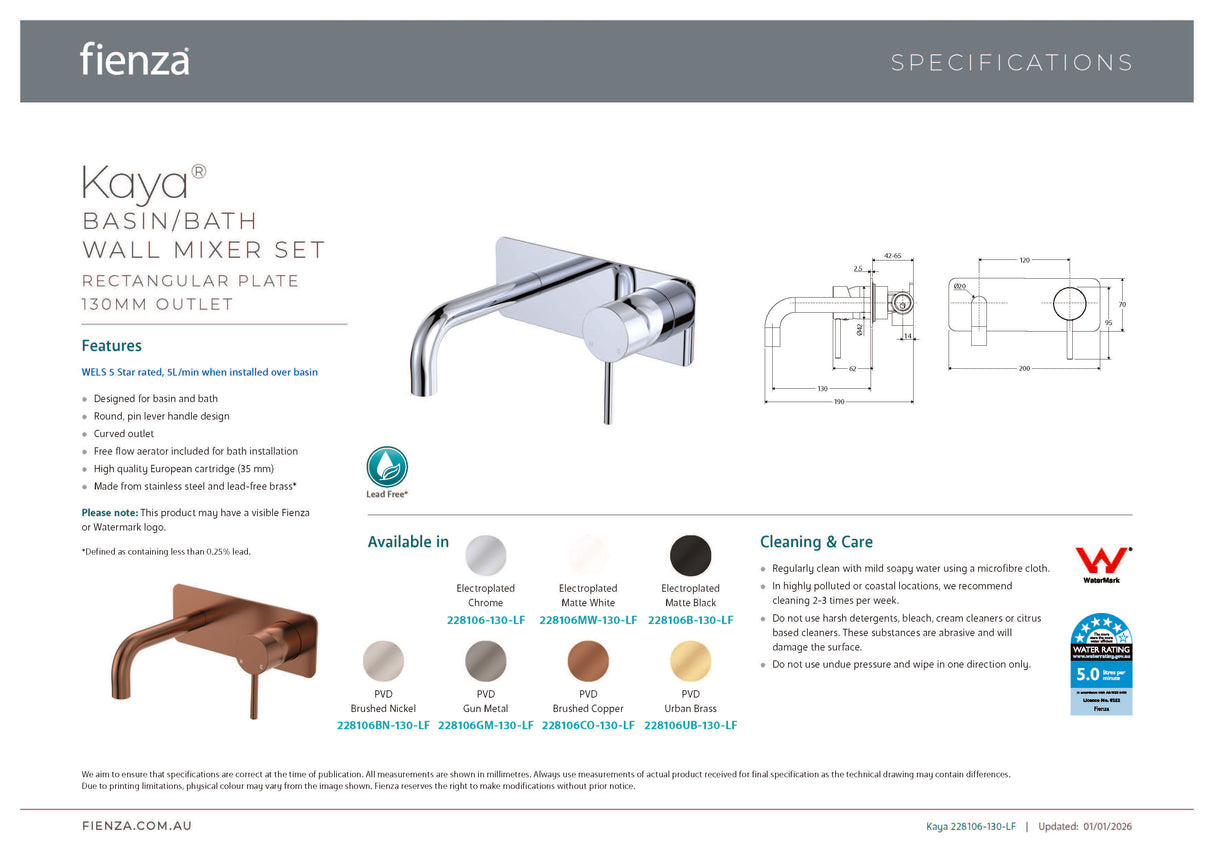 Fienza 228106-130-LF Kaya Wall Basin/Bath Mixer Set, Rectangular Plate, 130mm Outlet