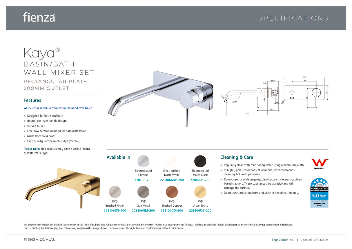 Fienza 228106-200-LF Kaya Wall Basin/Bath Mixer Set, Rectangular Plate, 200mm Outlet