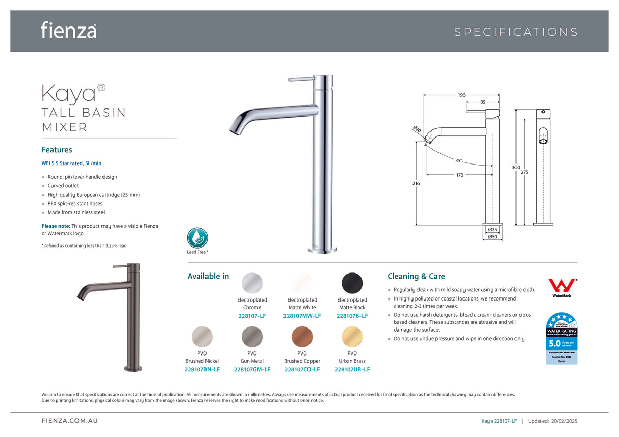 Fienza 228107MW-LF Kaya Basin Tall Mixer, Matte White