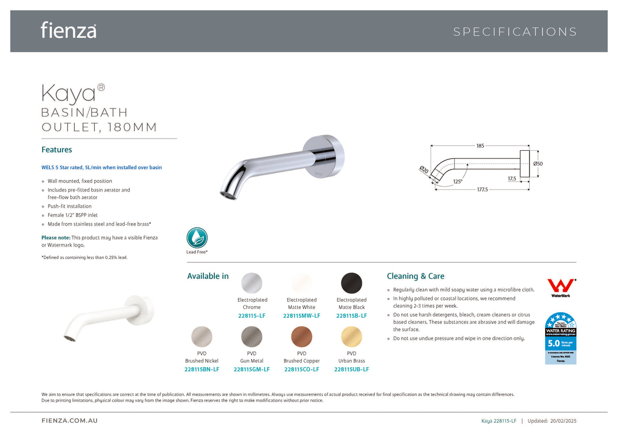 Fienza 228115MW-LF Kaya Bath/ Basin 180mm Outlet, Matte White