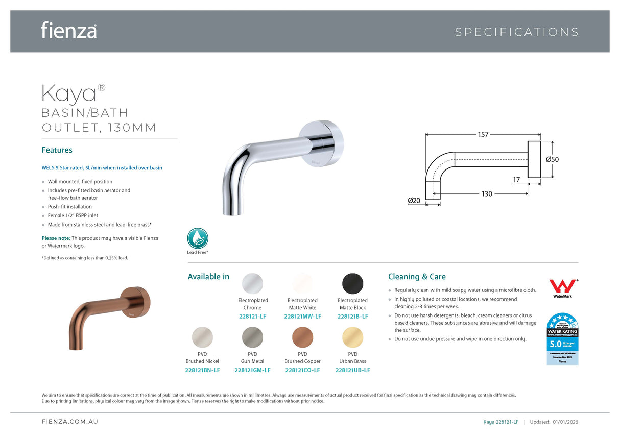 Fienza 228121-LF Kaya Basin/Bath Outlet, 130mm, Lead Free, Chrome