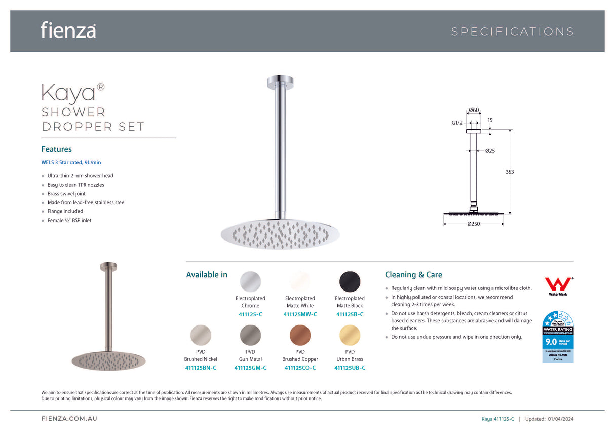 Fienza 411125UB-C Kaya Shower Dropper Set, Urban Brass