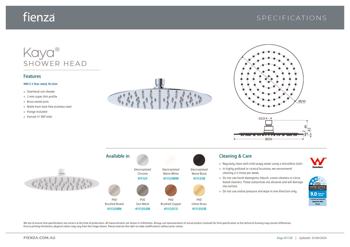 Fienza 411125 Kaya Round Shower Head 250mm, Chrome