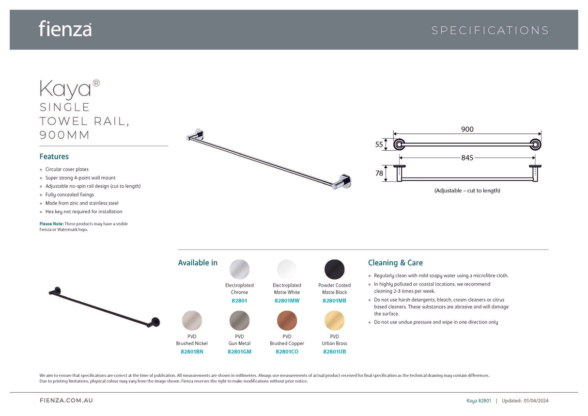 Fienza 82801BN Kaya 900mm Single Towel Rail, Brushed Nickel
