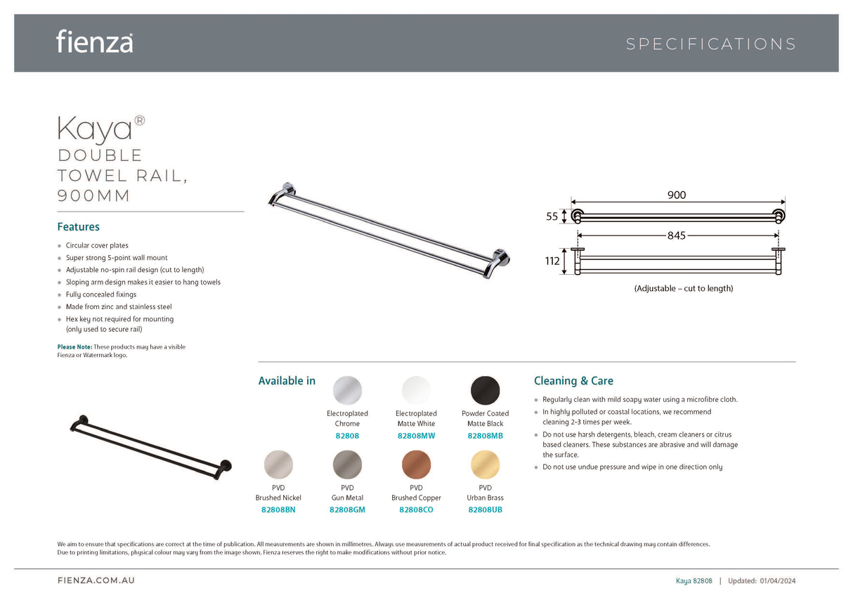 Kaya 900mm Double Towel Rail, Brushed Nickel 82808BN