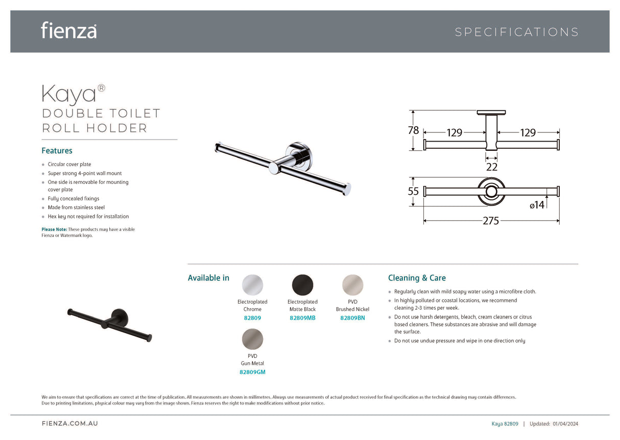 Fienza 82809BN Kaya Double Toilet Roll Holder, Brushed Nickel
