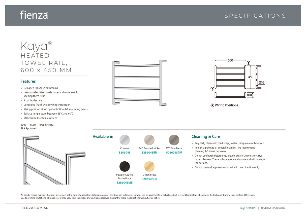 Fienza Kaya 8286045GM Heated Towel Rail, 600 x 450mm, Gun Metal