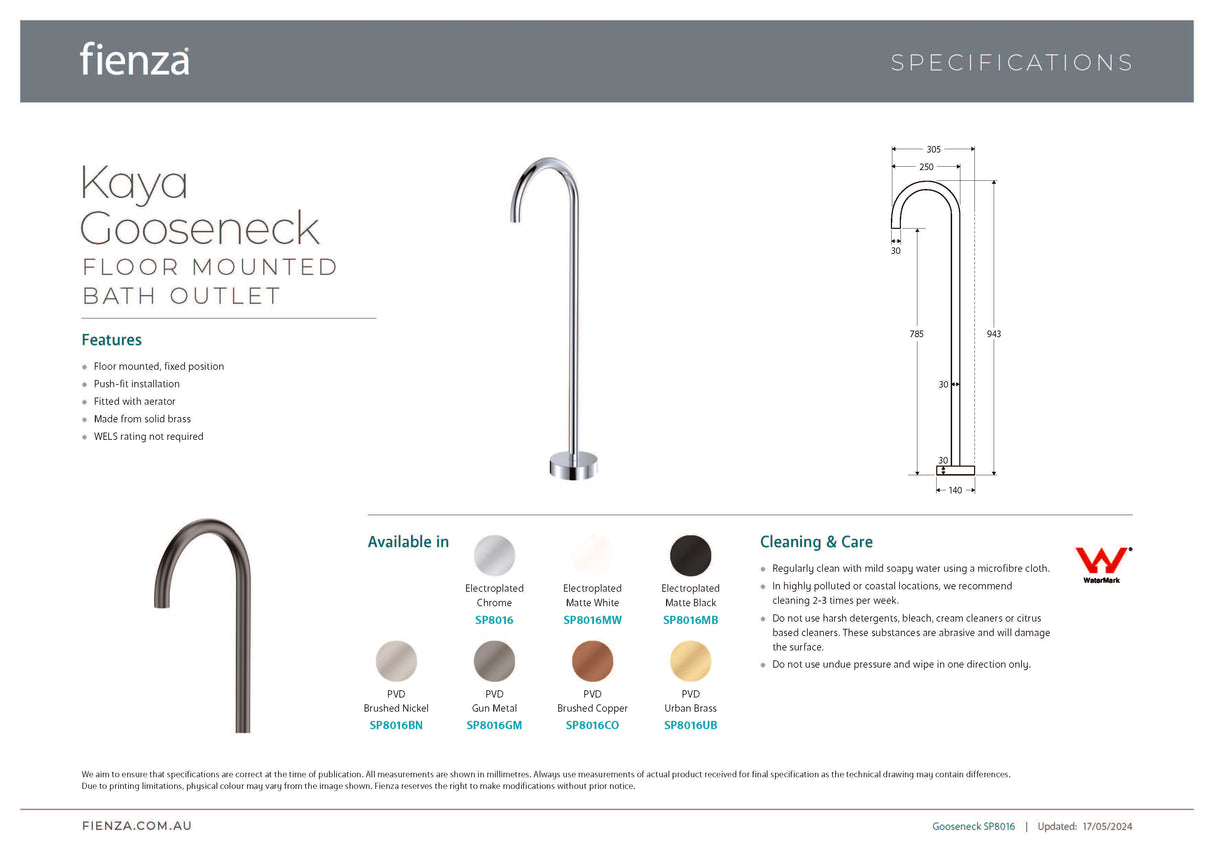 Fienza SP8016 Kaya Floor Mounted Gooseneck Bath Outlet, Chrome