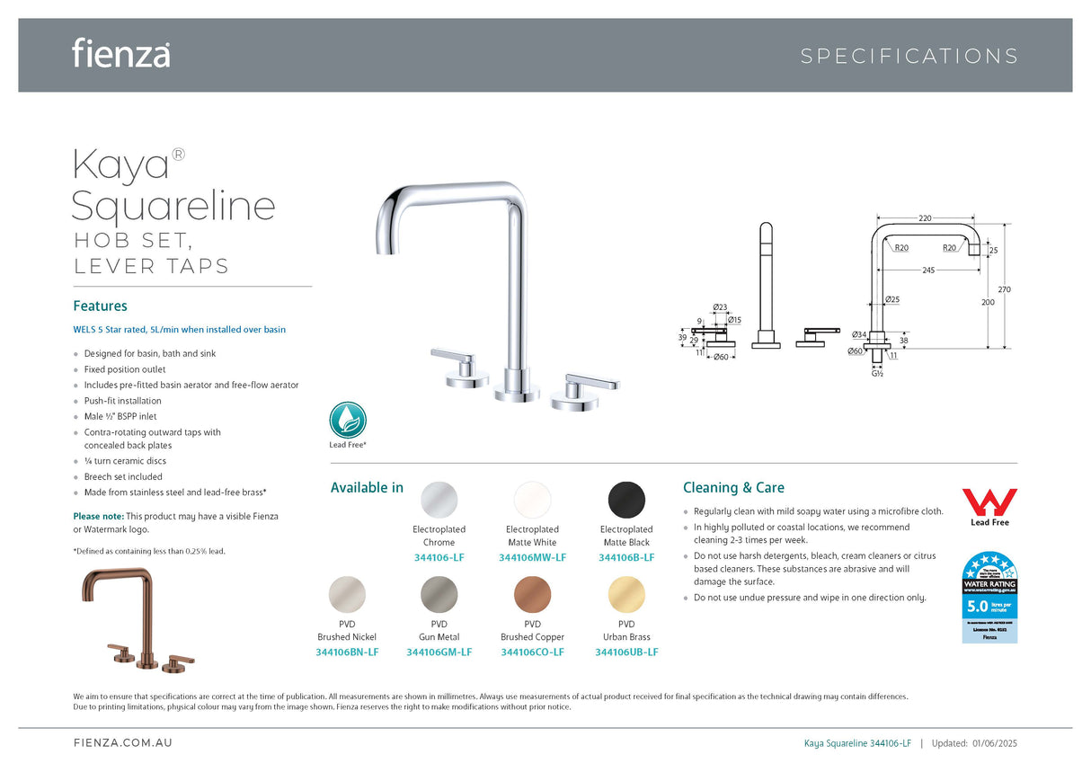Fienza 344106BN-LF Kaya Squareline Hob Set, Lever Taps, Brushed Nickel