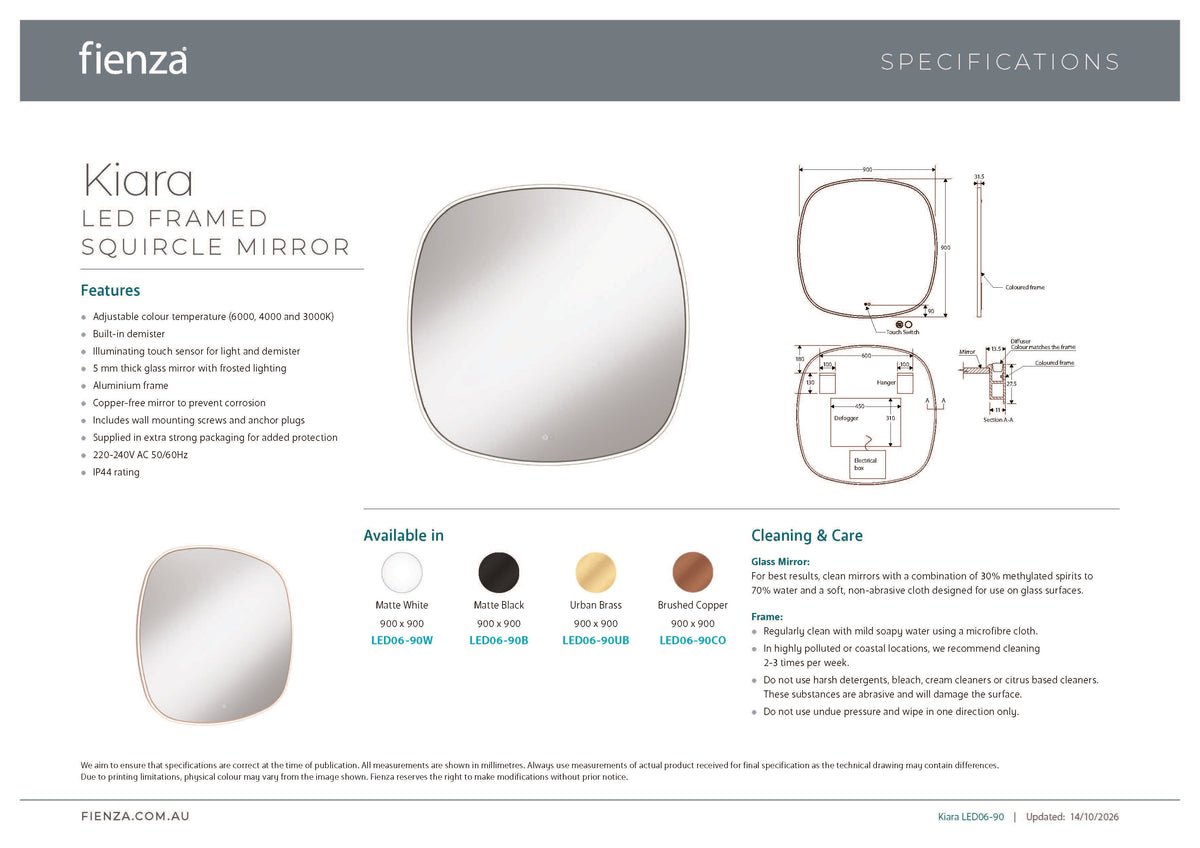 Fienza LED06-90CO Kiara LED Framed Squircle Mirror, 900mm, Brushed Copper