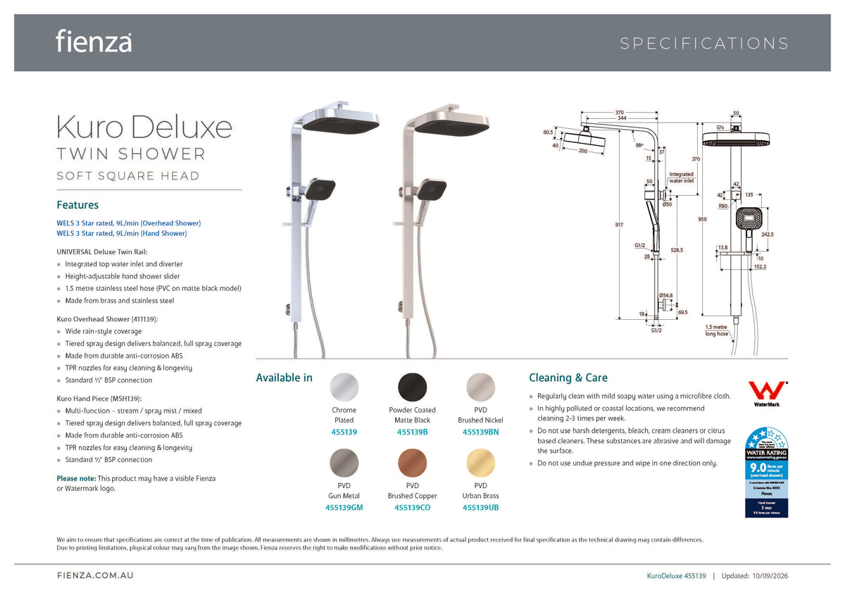 Fienza 455139GM Kuro Deluxe Twin Shower Soft Square Head, Gun Metal