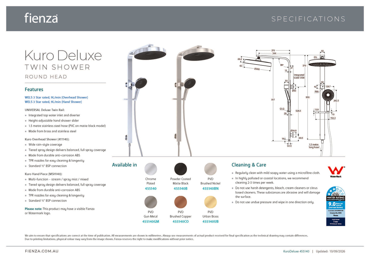 Fienza 455140CO Kuro Deluxe Twin Shower Round Head, Brushed Copper