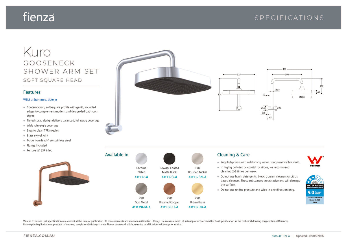 Fienza 411139UB-A Kuro Gooseneck Shower Arm Set, Soft Square Head, Urban Brass