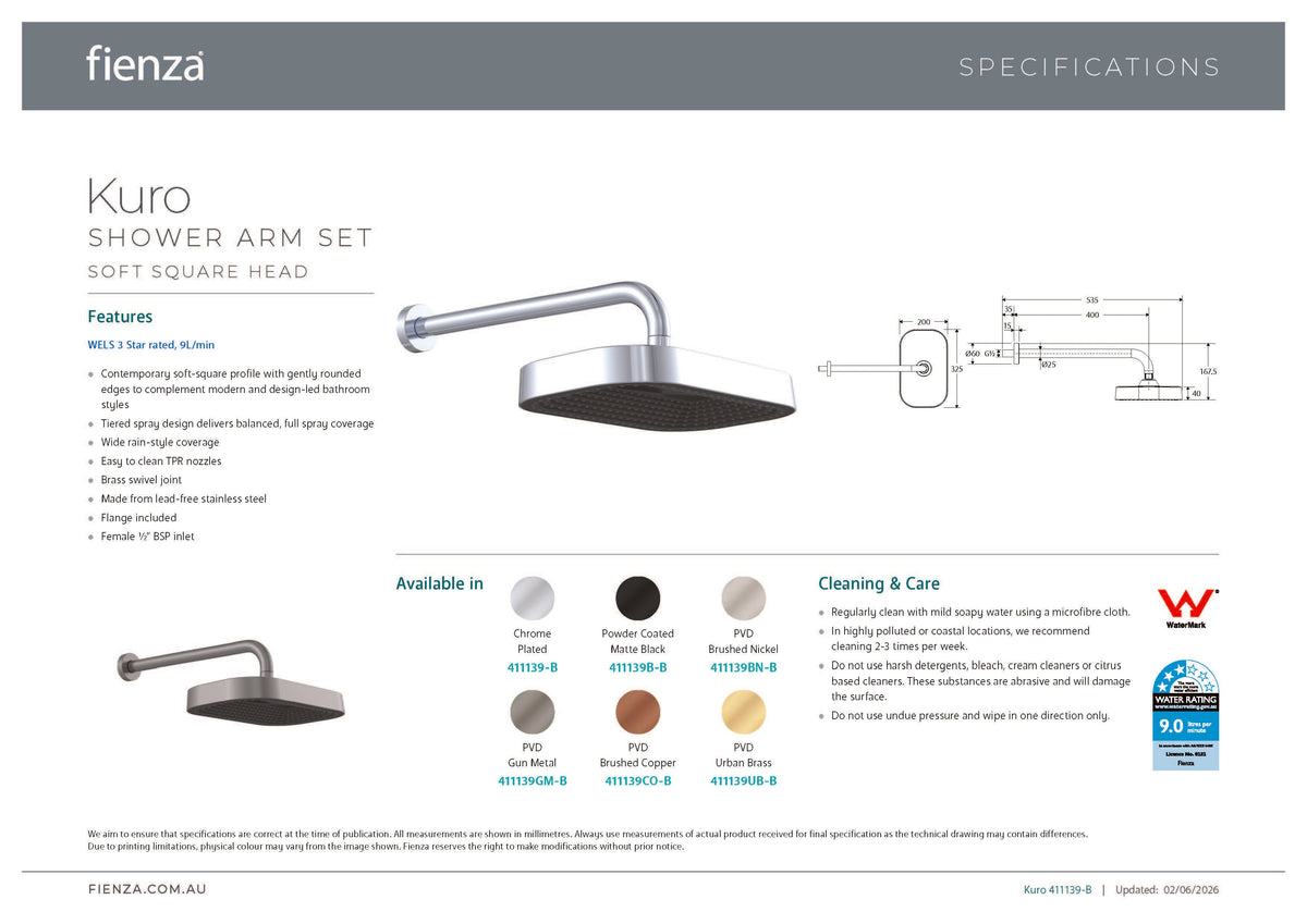 Fienza 411139UB-B Kuro Shower Arm Set, Soft Square Head, Urban Brass