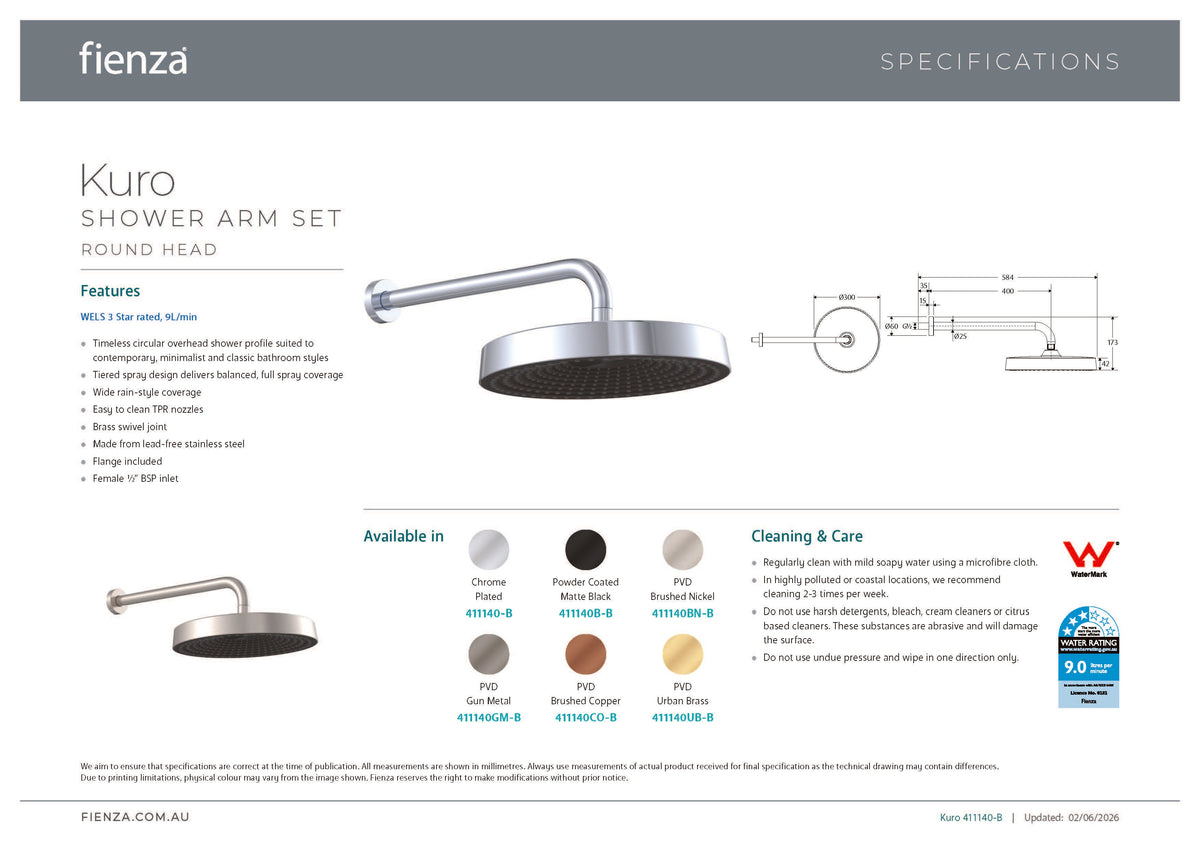 Fienza 411140BN-B Kuro Shower Arm Set, Round Head, Brushed Nickel