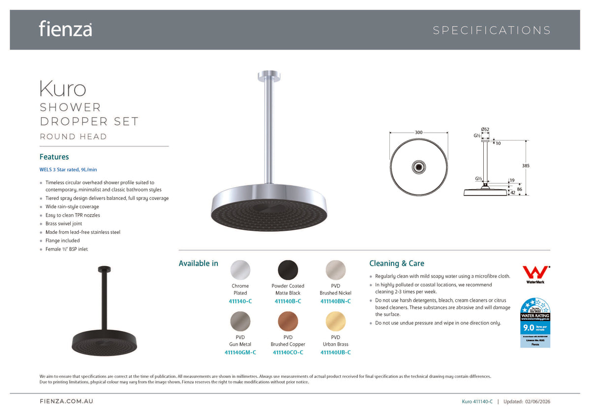 Fienza 411140GM-C Kuro Shower Dropper Set, Round Head, Gun Metal