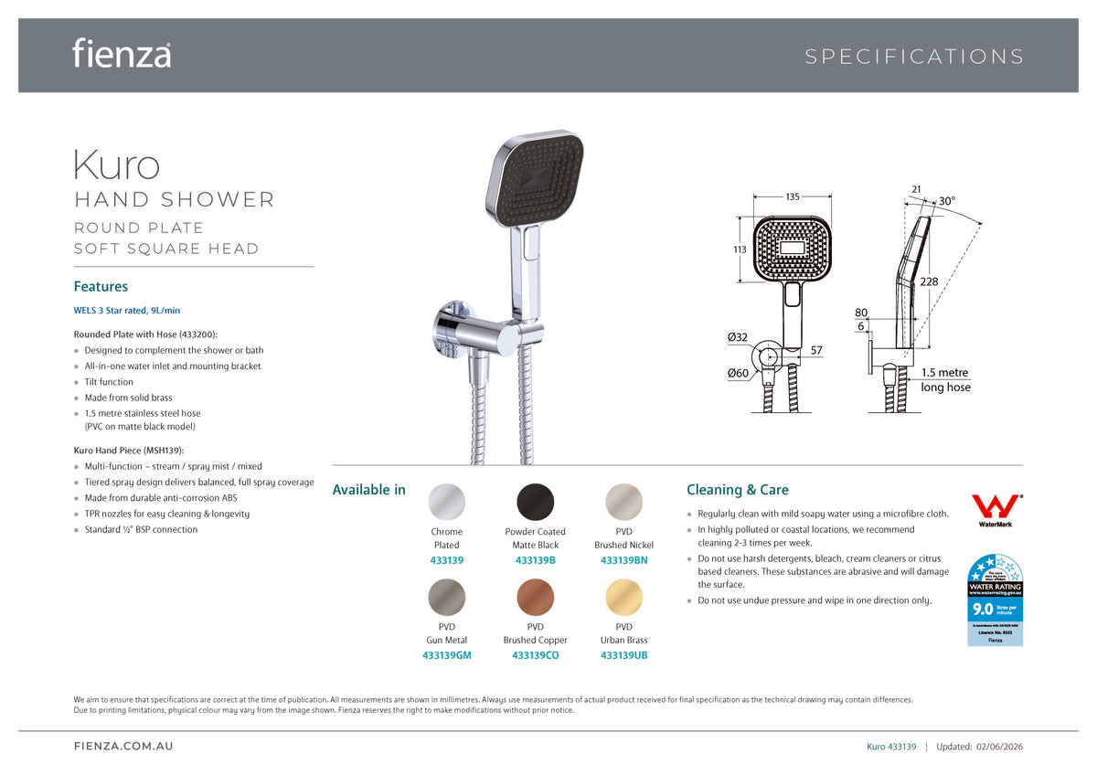 Fienza 433139GM Kuro Hand Shower, Round Plate, Soft Square Head, Gun Metal