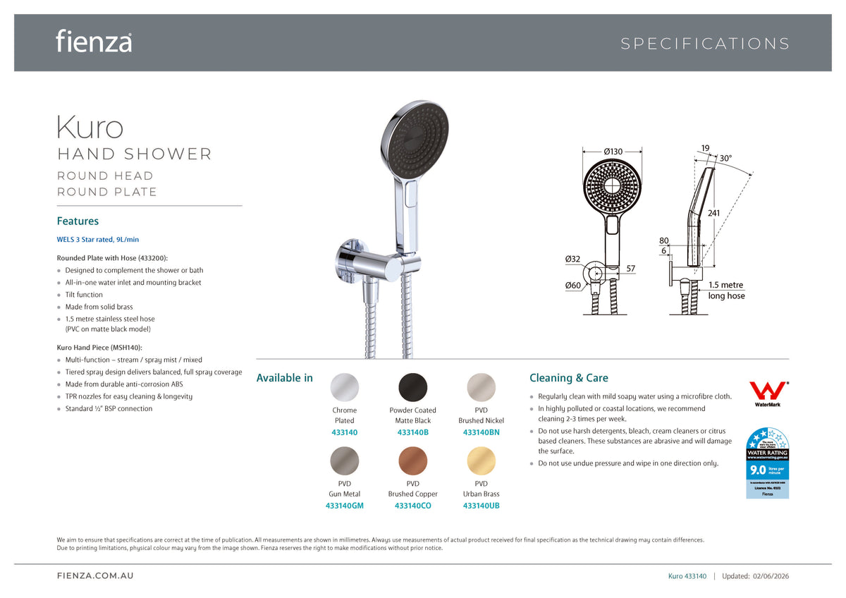 Fienza 433140GM Kuro Hand Shower, Round Plate, Round Head, Gun Metal