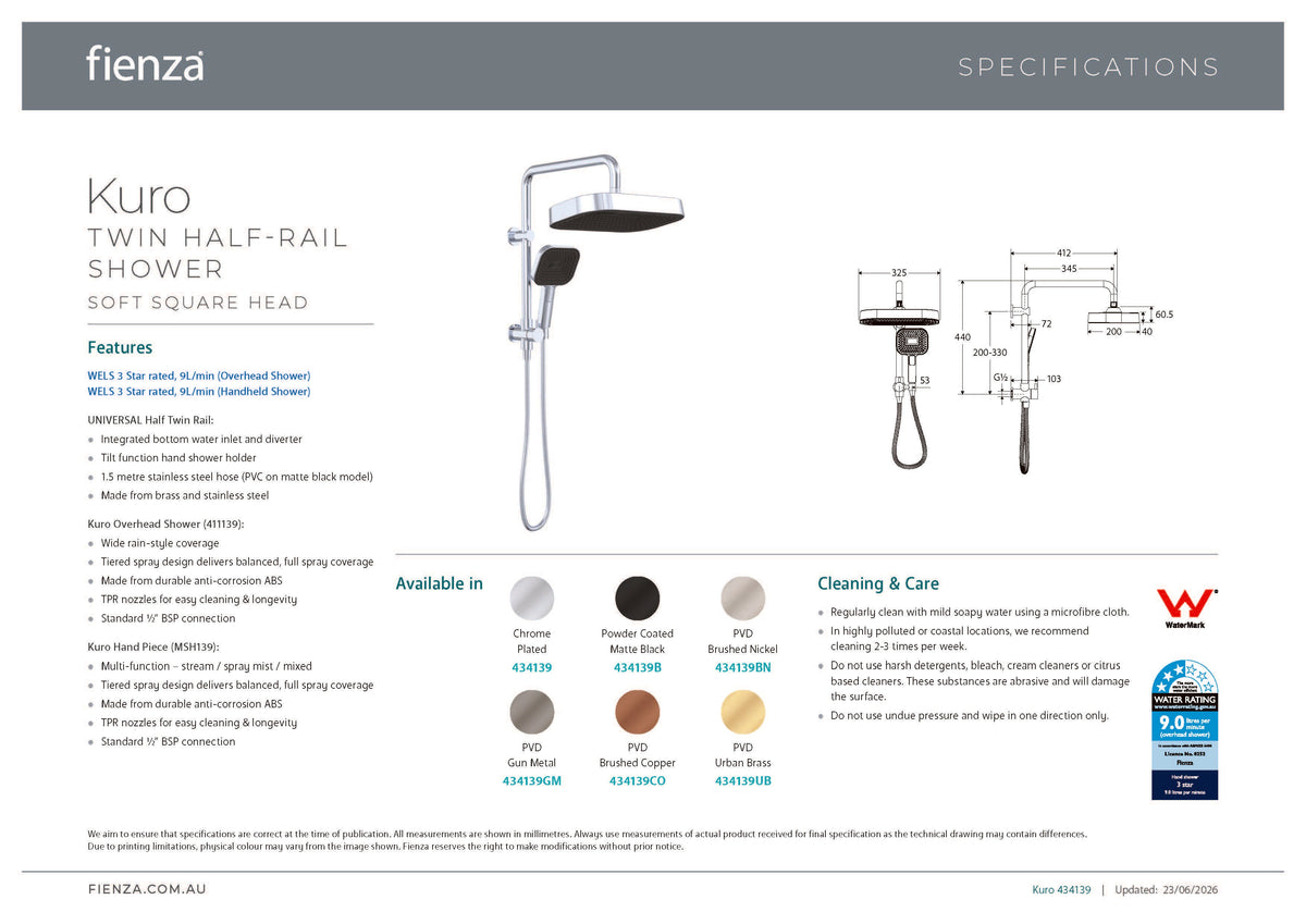 Fienza 434139CO Kuro Twin Half-Rail Shower, Round Head, Brushed Copper