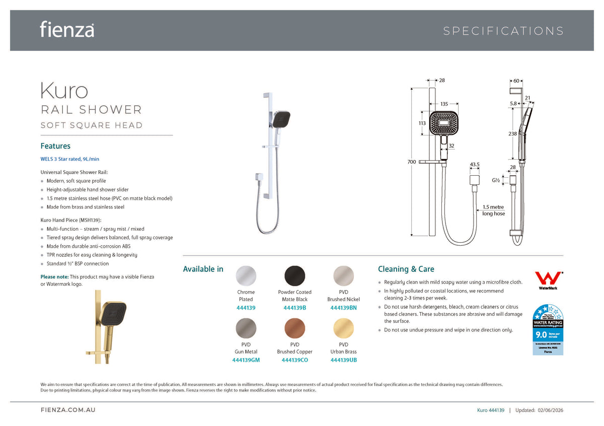 Fienza 444139UB Kuro Rail Shower Soft Square Head, Urban Brass