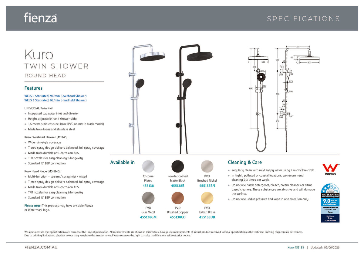 Fienza 455138GM Kuro Twin Shower, Round Head, Gun Metal