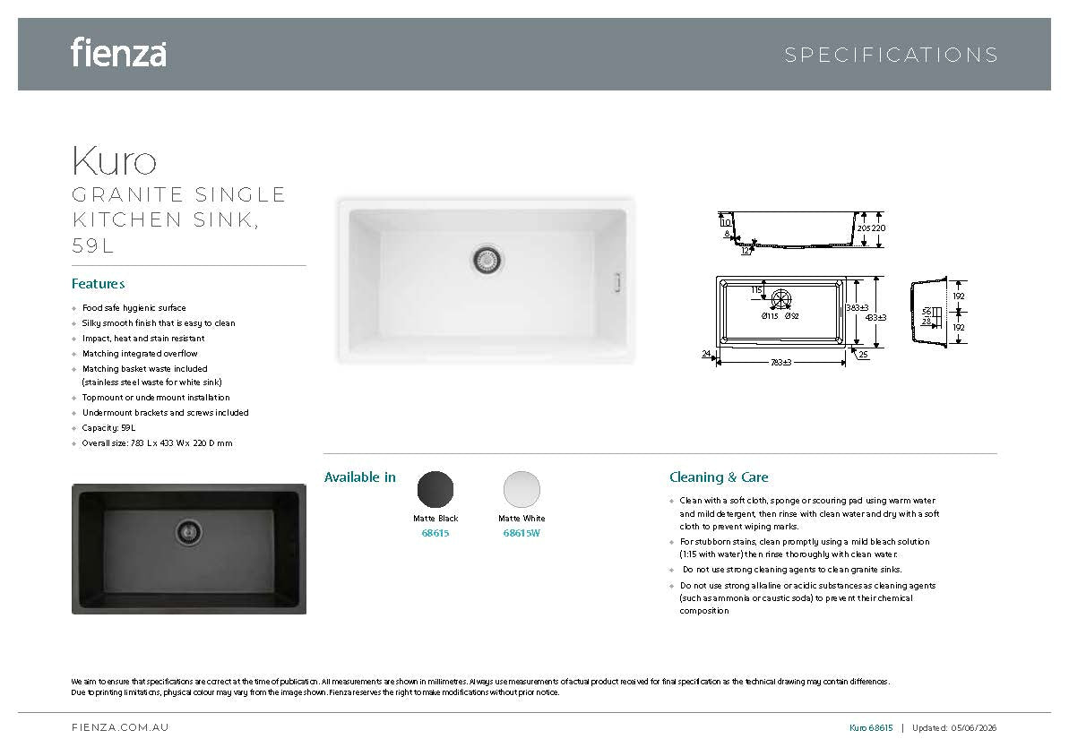 Fienza 68615W Kuro Granite 59L Single Bowl Kitchen Sink, Matte White
