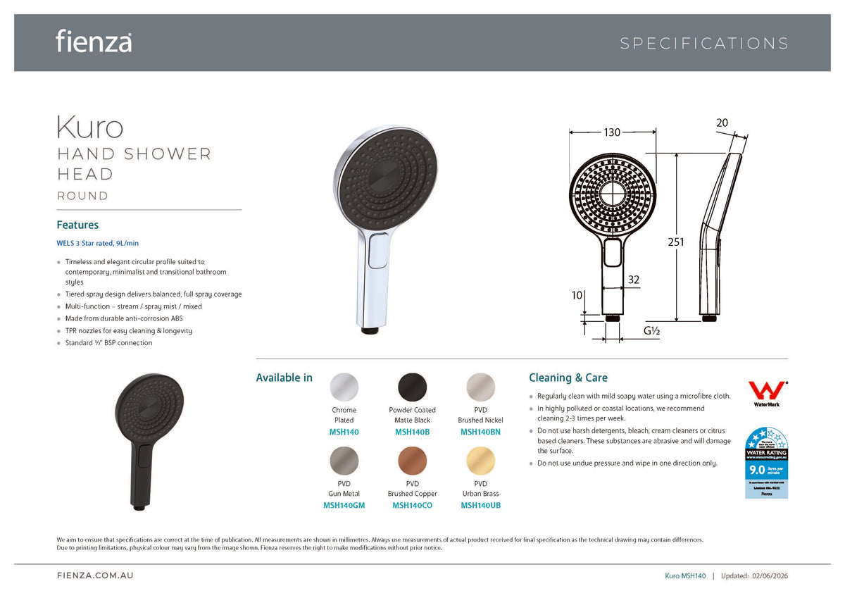 Fienza MSH140B Kuro Hand Shower Head, Round, Matte Black