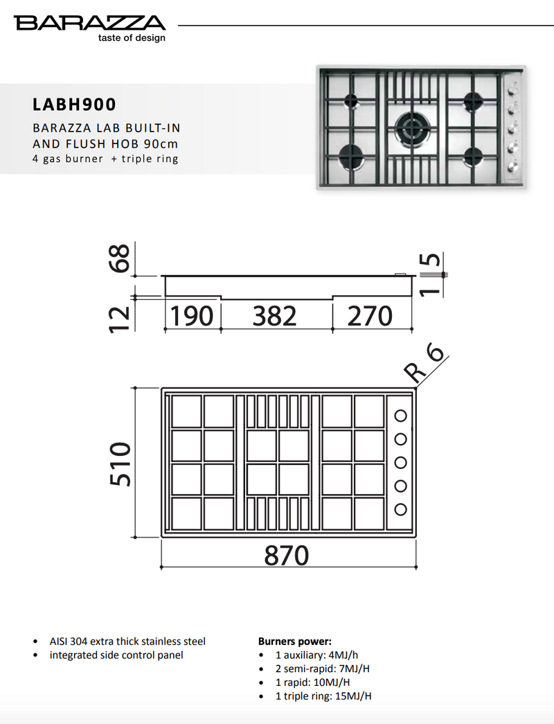 Abey Barazza LABH900 Cooktop 90cm Lab 5 Burner Hob - Special Order