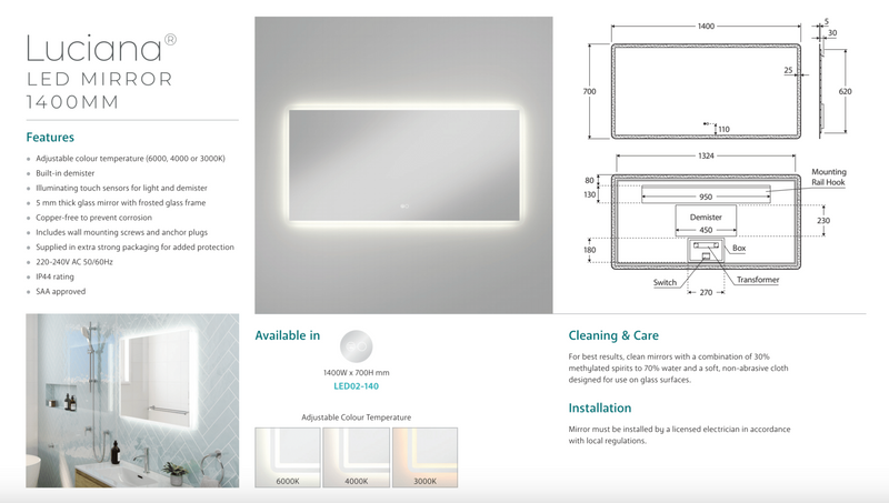 Fienza LED02-140 Luciana LED Mirror, 1400 x 700 mm - Special Order