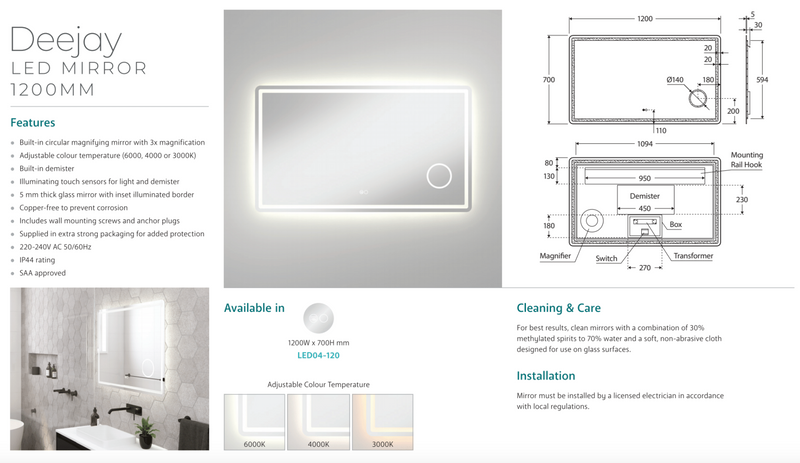 Fienza LED04-120 Deejay LED Mirror, 1200 x 700 mm - Special Order