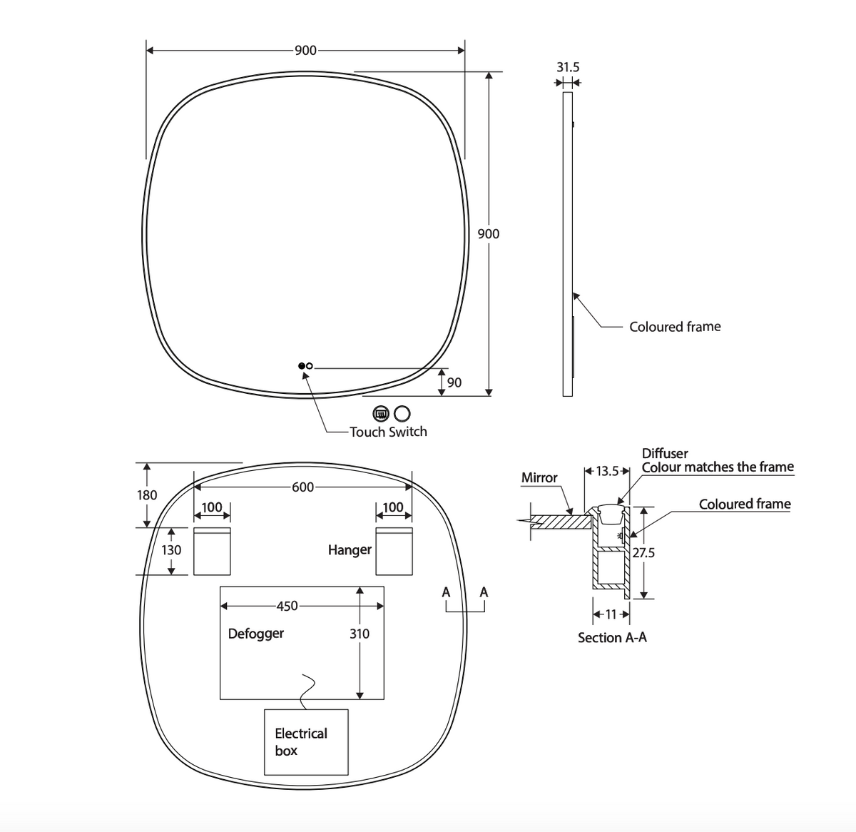 Fienza LED06-90CO Kiara LED Framed Squircle Mirror, 900mm, Brushed Copper