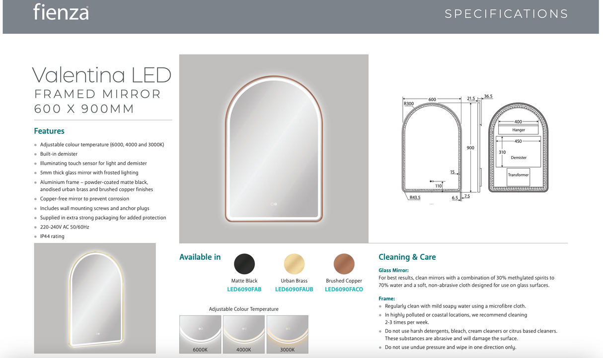Fienza Valentina LED Brushed Copper Framed Mirror, 600 x 900mm, LED6090FACO