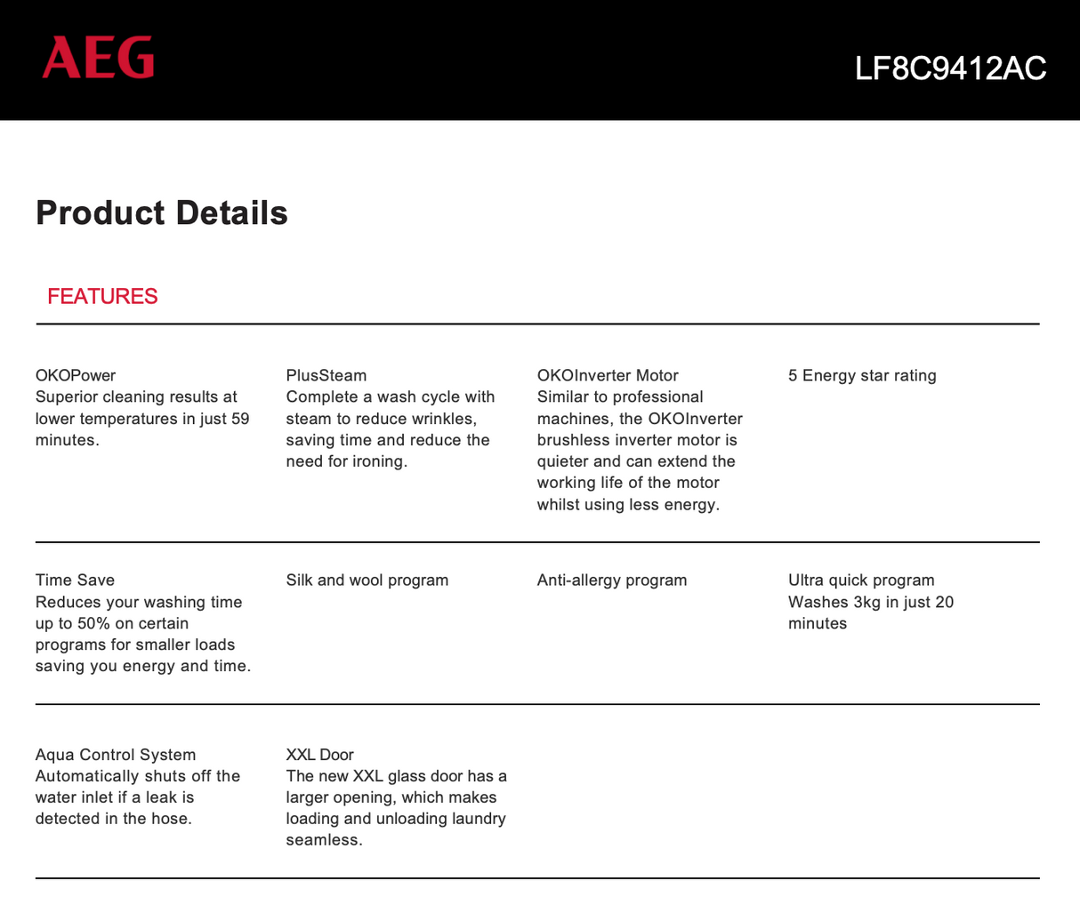 AEG LF8C9412AC 9KG 8000 Series Front Load Washing Machine - Factory Seconds