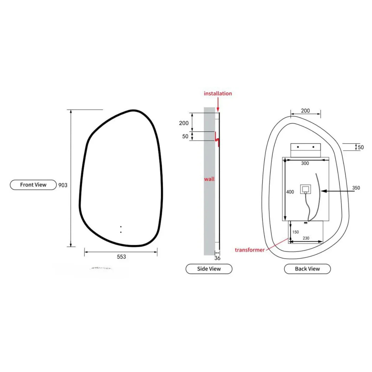 Aulic Tarcoola Asymmetric LED Mirror Frameless 550 x 900mm LMTAR-550 Frameless Mirrors