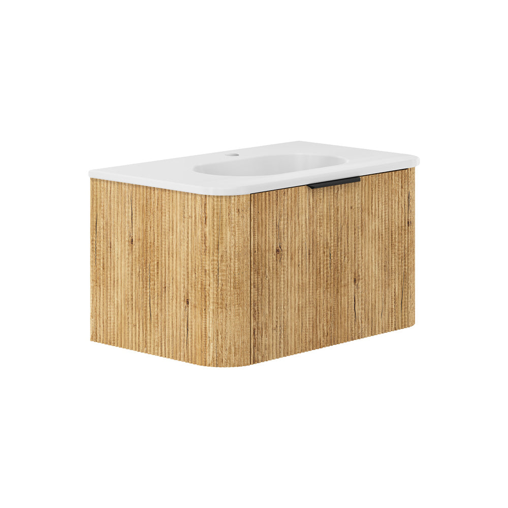 Fienza LOL75US Lola 750 Matte Minka Curved Scandi Oak Wall-Hung Vanity, One Tap Hole