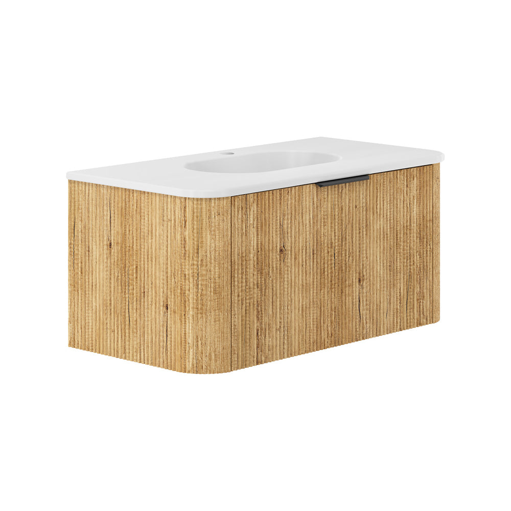 Fienza LOL90US Lola 900 Matte Minka Curved Scandi Oak Wall-Hung Vanity, One Tap Hole