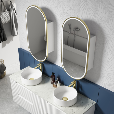 Aulic Beau Monde Oblong LED Matte White Shaving Cabinet With Brushed Gold Frame 450 x 900mm LSCBM-450-MW-BG Mirrors &