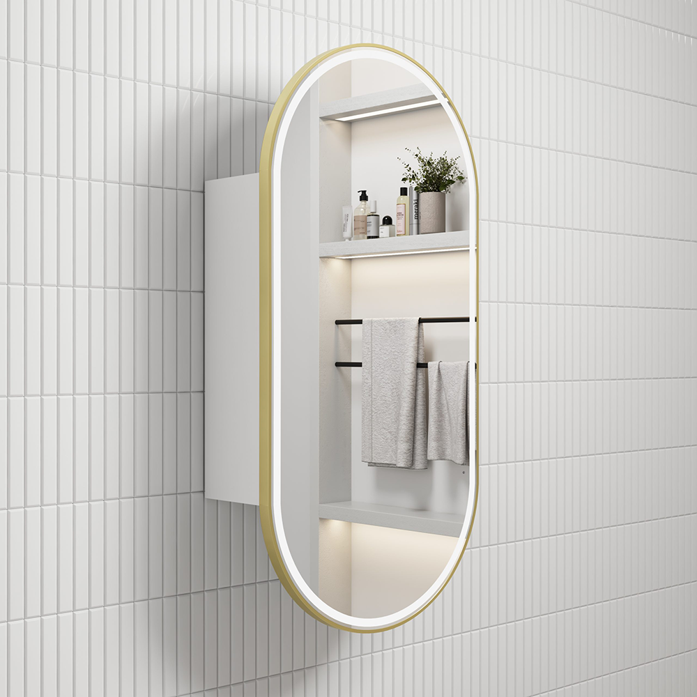 Aulic Beau Monde Oblong LED Matte White Shaving Cabinet With Brushed Gold Frame 450 x 900mm LSCBM-450-MW-BG Mirrors &