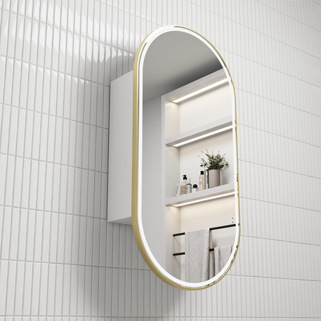 Aulic Beau Monde Oblong LED Matte White Shaving Cabinet With Brushed Gold Frame 450 x 900mm LSCBM-450-MW-BG Mirrors &