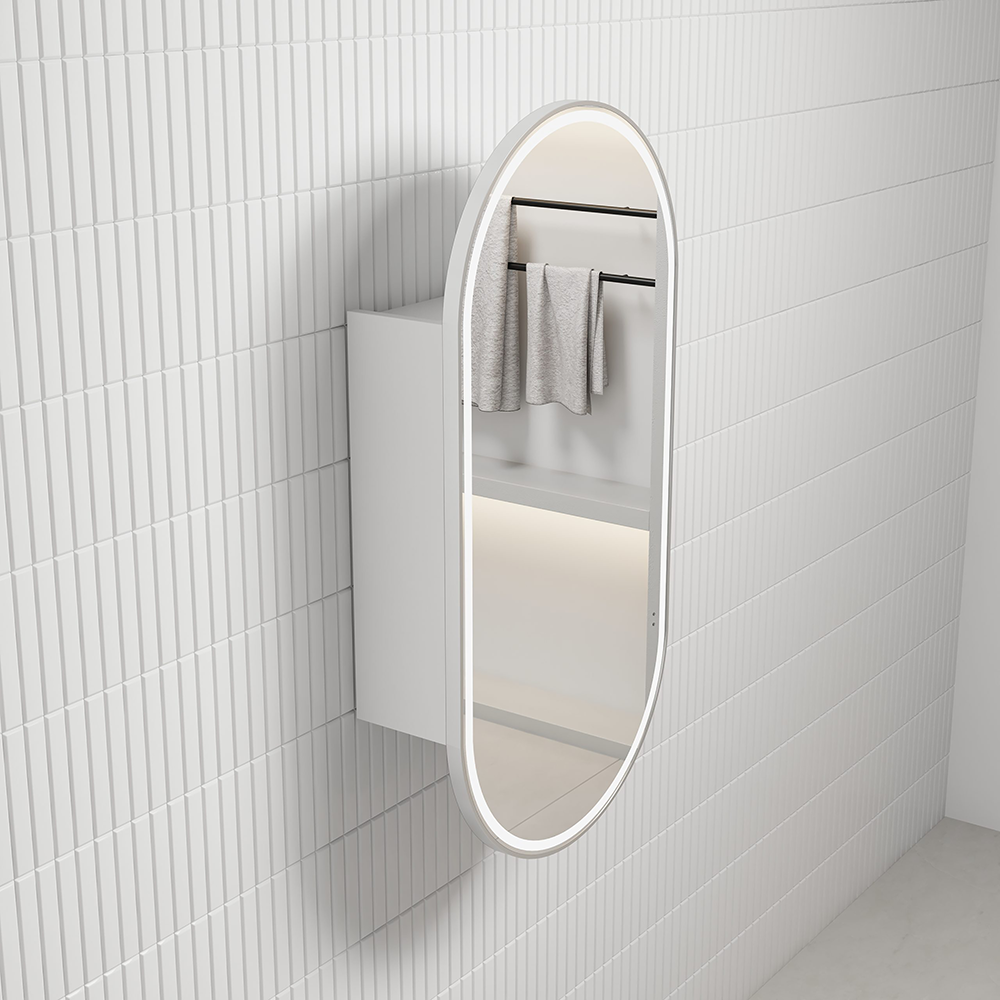 Aulic Beau Monde Oblong LED Matte White Shaving Cabinet With Brushed Nickel Frame 450 x 900mm LSCBM-450-MW-BN Brushed