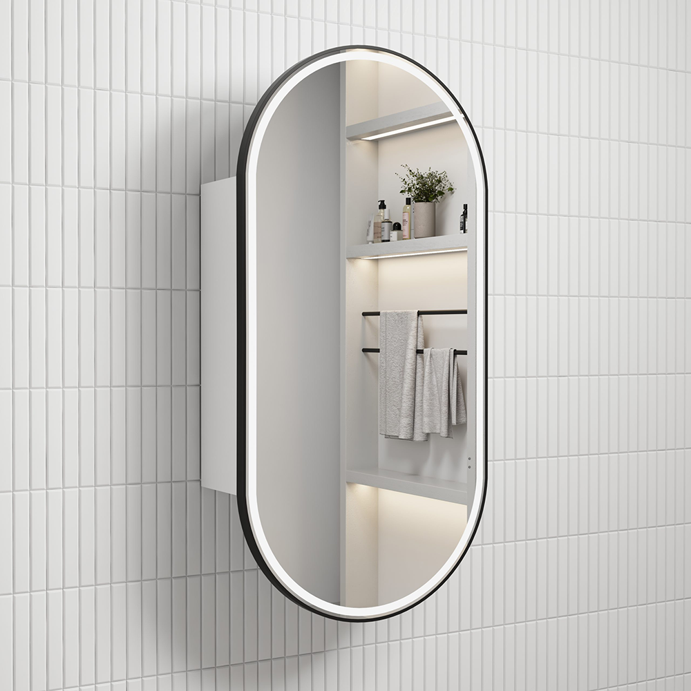 Aulic Beau Monde Oblong LED Matte White Shaving Cabinet With Matte Black Frame 400 x 900mm LSCBM-450-MW-MB Matte Black